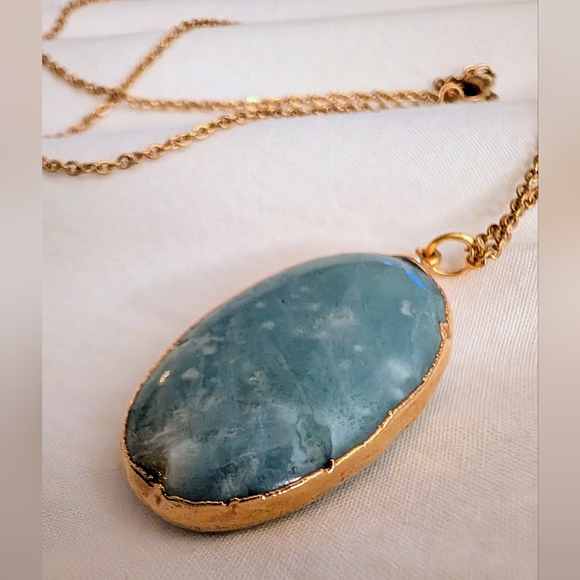 Large Oval Larimar Stone Pendant, Hand Made Gold Setting, Simple Chain Necklace - Picture 4 of 6